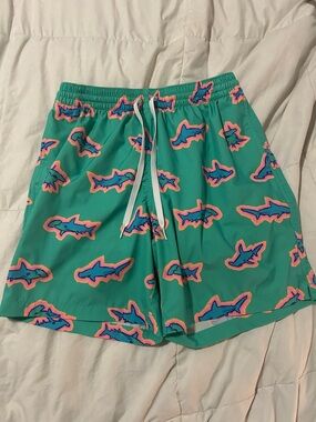 chubbies Teal Swim Shorts with Neon Shark Accents